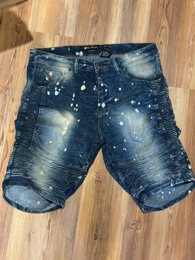 Rocawear Denim Paint-Splatter Moto Shorts - Navy Blue